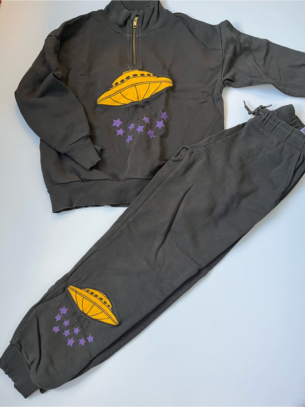 MiKids Black UFO Graphic Jogger Set with Yellow & Purple Accents